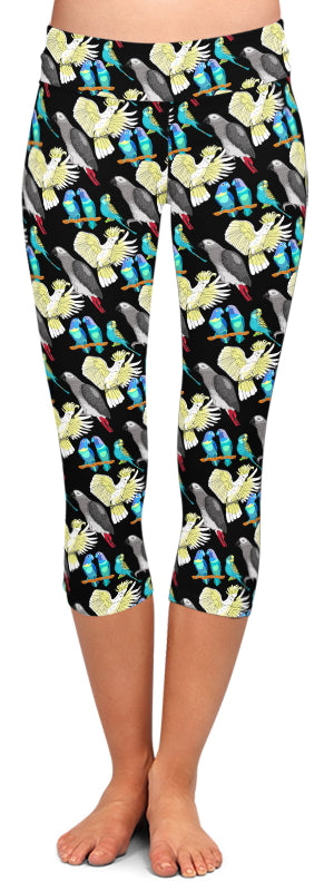 African grey parrots, cockatoos and budgies adorn these fun and practical black background leggings. On final sale!