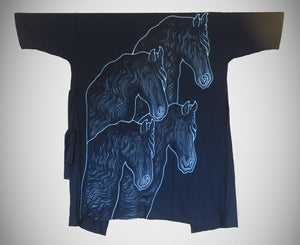 Four black horses beautifully batiked and handpainted onto the back of a kimono. Long, wavy manes, lush forelocks are beautifully detailed. You can even see their eyes peaking out from behind all that hair!