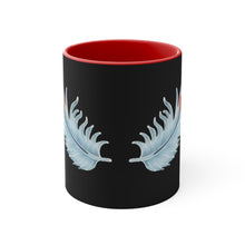 Front view of the African Grey Feathers Mug.  The feathers gracefully point upwards in opposite directions.