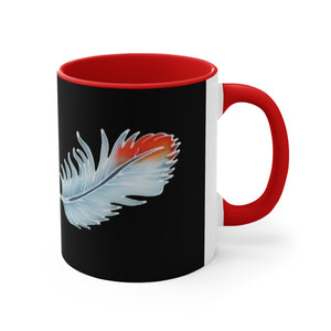 This tea or coffee mug features a red handle and red interior, perfectly complementing the  red-tipped African Grey feathers! The design is a printed copy of the handpainted batik CAG feather design found on Parrot Addict's clothing and accessory lines.