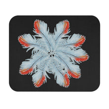 A rectangular mouse pad with rounded corners. The black background is a stunning backdrop for a pinwheel of African grey parrot feathers. The original feather design was handpainted batik. We've now created this design and printed it.