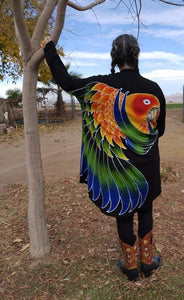 One of our customers wearing the Sun Conure Handpainted Batik Jacket when she was out and about.