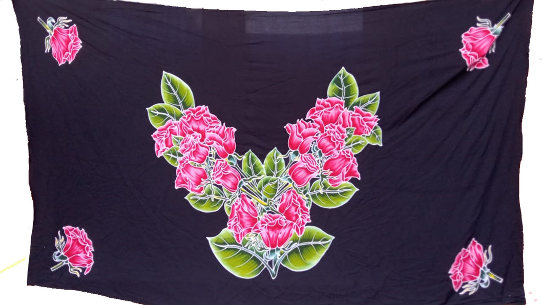 Handpainted batik sarong of roses! A single rose adorns each corner of the pareo. In the center, three red rose bouquets. A beautiful addition to your wardrobe or gift for the rose lover.