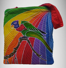 A eye-catching hand-painted batik tote-style bag featuring a Rainbow Lory  perched on a branch, set against a rainbow hue of colors. A unique gift for the Rainbow Lory lover!