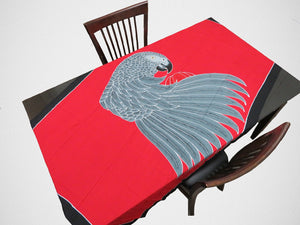 Hand-painted batik African Grey sarong used as a tablecloth