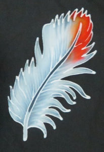 Hand-painted batik feather on the front of the Scarlet macaw jacket