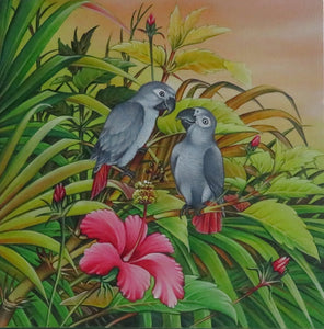 A pair of African Grey parrots original acrylic painting on canvas - unfinished