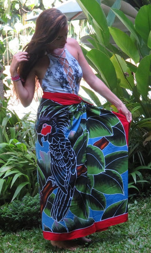 Checking out the Black Palm cockatoo hand-painted batik sarong