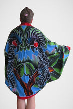 Black Palm Cockatoo hand-painted sarong worn as a jacket