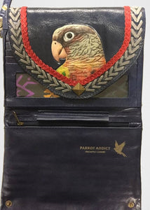Partially open hand-tooled, hand-painted leather navy blue pineapple conure women's clutch purse wallet