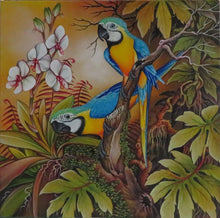 Blue & Yellow Macaws original acrylic on canvas painting - in progress