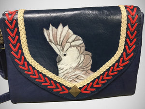 Umbrella cockatoo parrot hand-tooled, hand-painted leather clutch wallet purse in navy blue