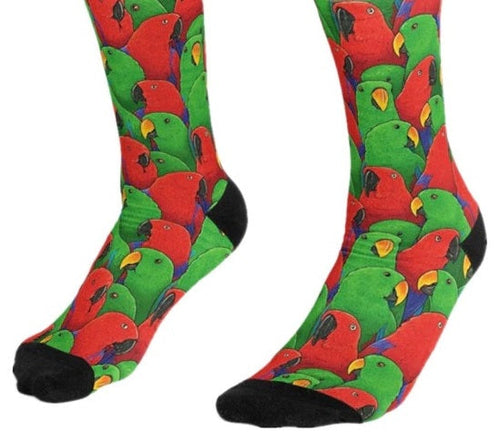 Male (green) and female (red) Eclectus parrots  socks. Perfect for the Christmas season! Great as a socking stuffer or to weird out your friends!