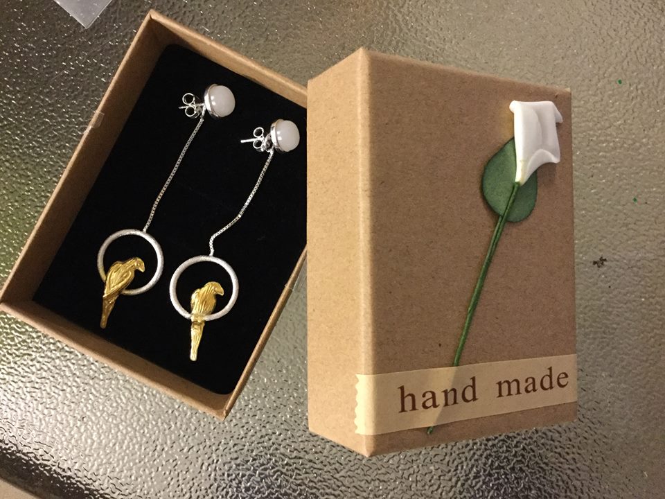 Hand-made sterling silver & 18k gold plated 3 in 1 combo set: drop earrings, stud earrings & pendant