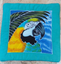 Finished Blue & Gold macaw hand-painted batik pillow cover.
