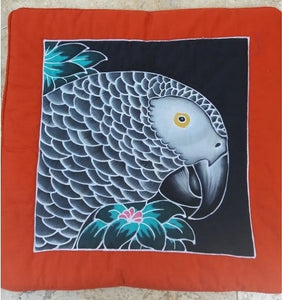 African Grey parrot handpainted batik pillow cover