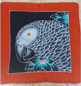 African Grey parrot hand-painted batik pillow cover