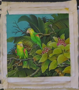 Double Yellow Amazons in a tropical setting - acrylic on canvas original painting