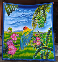 Sun Conure handpainted batik duvet cover with blue border