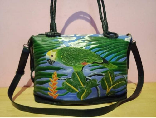 Blue-front Amazon parrot hand-tooled, handpainted leather bag