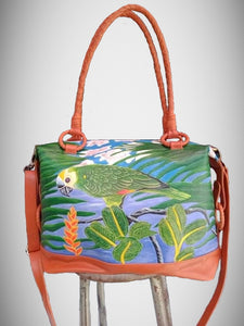 Blue-front Amazon hand-tooled, hand-painted leather bag in Cognac color