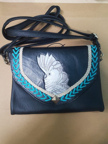 Umbrella cockatoo parrot hand-tooled, handpainted leather clutch wallet purse in black