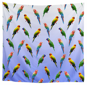 Sun conures, rainbow lory and greenwing macaws on a pretty blue scarf. Great gift idea for the parrot lover!