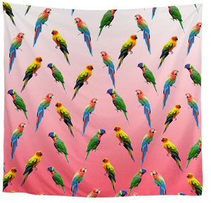 Rainbow lories, sun conures & greenwing macaws adorn this pretty scarf with a red background. A great gift for parrot people!