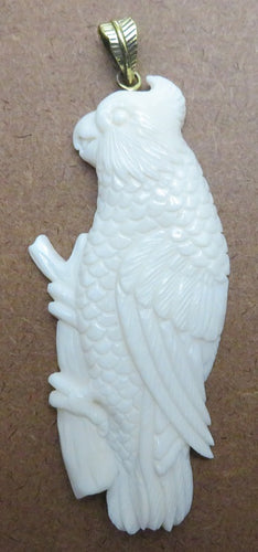 Intricately hand-carved bone pendant of a perching Gang Gang cockatoo, with brass bail.