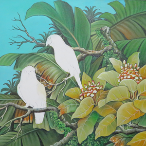 Double-yellow Amazons painting in progress - acrylic on canvas