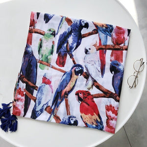 Plenty of parrots on this scarf! African grey, macaws, cockatoos & more!
