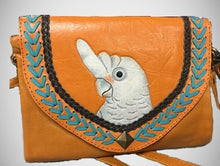 Goffin's cockatoo parrot hand-tooled, hand-painted leather clutch purse with cross-body strap