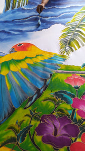 Painting the sky of the hand-painted batik Sun Conure parrot duvet cover.