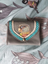 Pineapple conure parrot hand-tooled hand-painted leather clutch purse wallet in grey