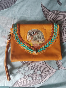 Pineapple conure parrot hand-tooled hand-painted leather clutch purse wallet in brown