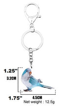 Blue mutation Quaker parrot Monk parakeet key ring keychain with sizes noted