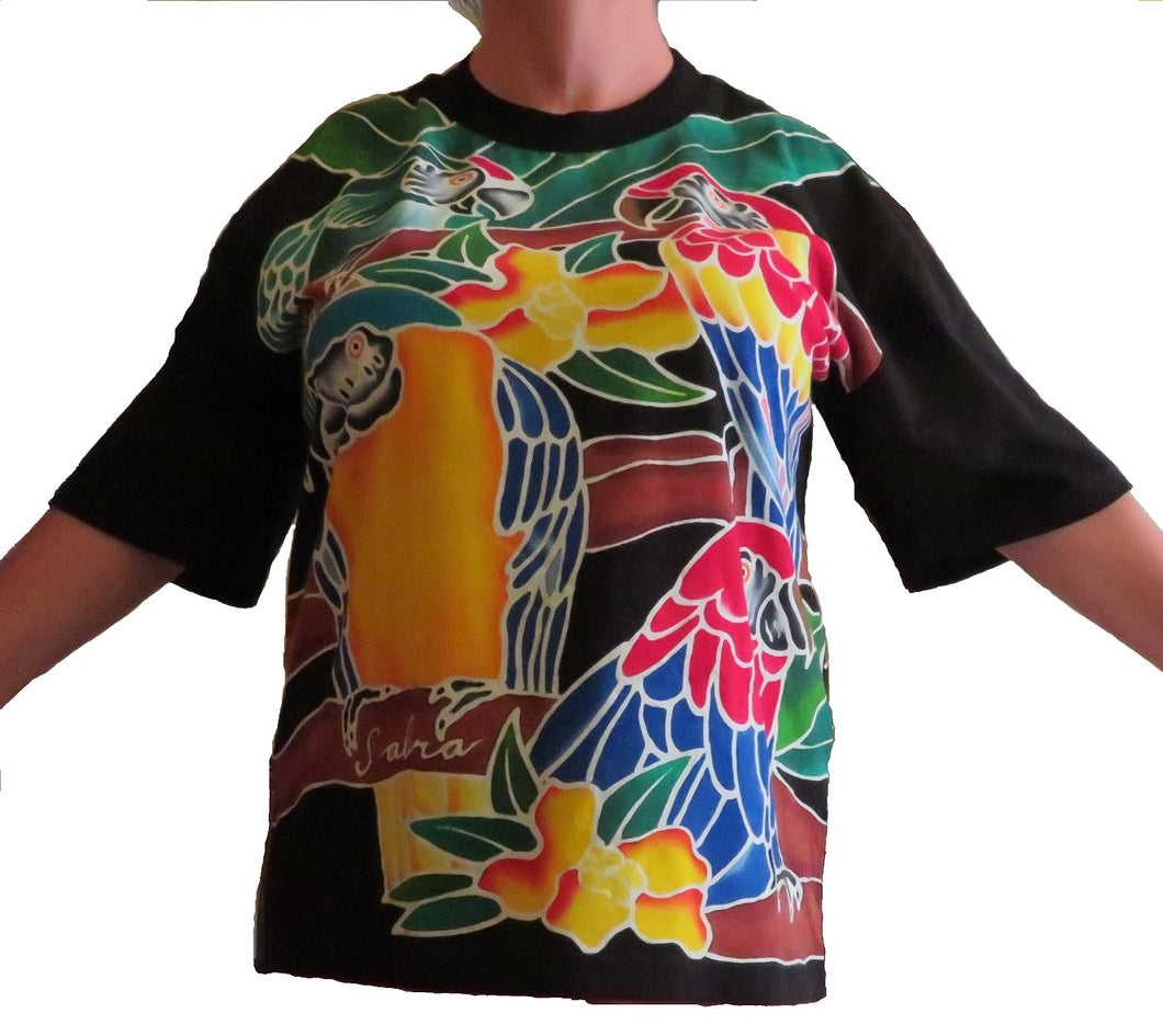 Hand-painted batik t-shirt with 4 macaw parrots - design on front & back