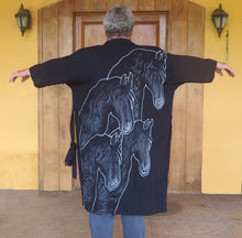 The beautiful horse handpainted batik kimono worn by a male model, 5'7" tall.