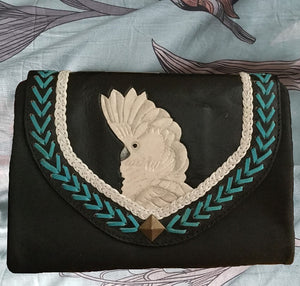 Umbrella cockatoo parrot hand-tooled, hand-painted leather clutch wallet purse in black