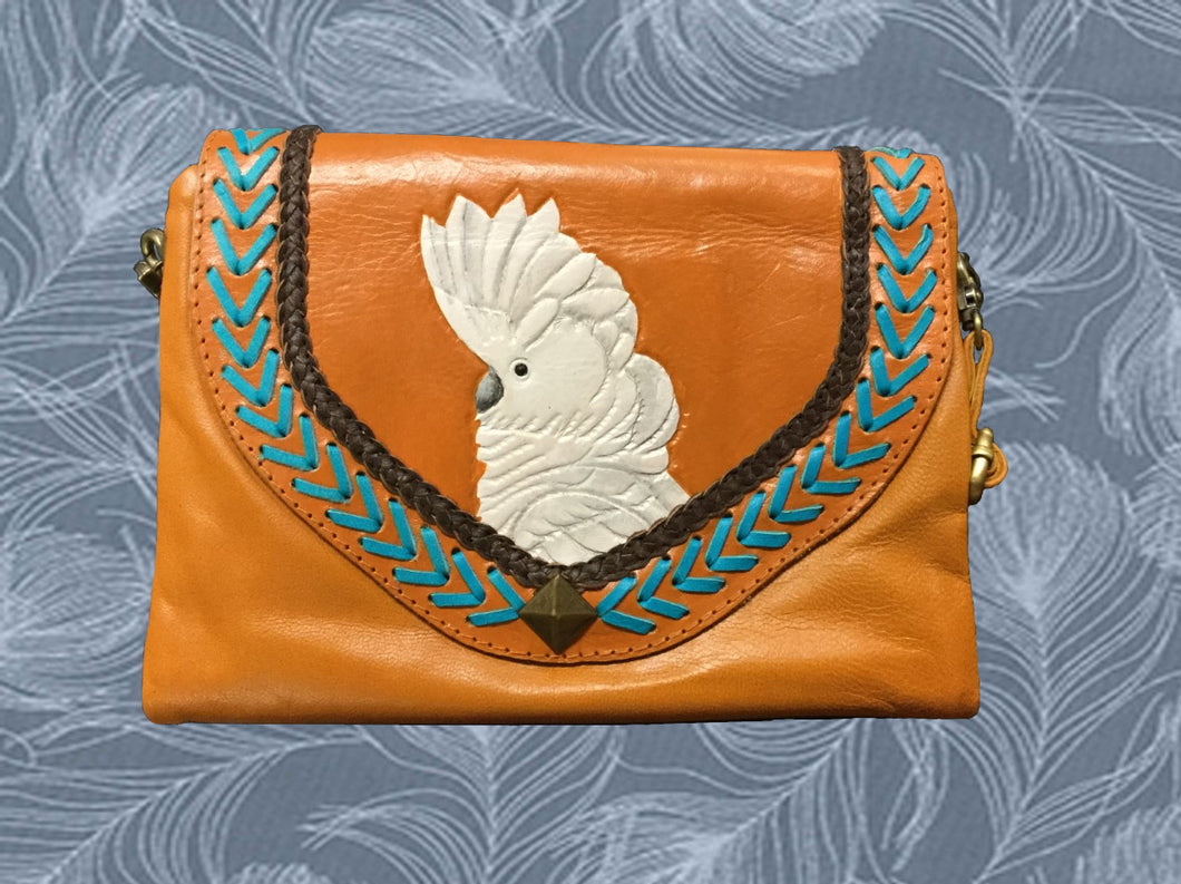 Umbrella cockatoo parrot hand-tooled, hand-painted leather clutch wallet purse in butterscotch